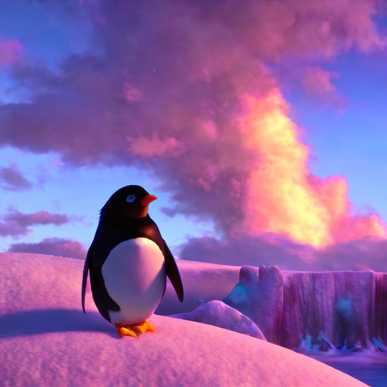 Penguin on Snowy Terrain with Purple and Pink Sky