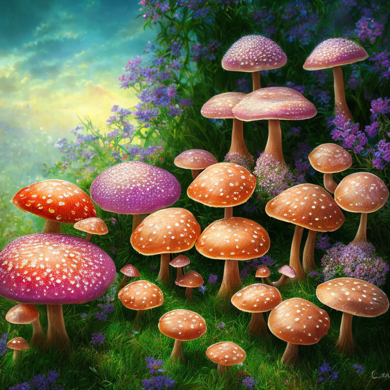 Fantasy mushroom grove with oversized red-spotted caps and purple flowers