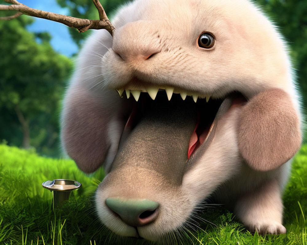 Adorable animated creature with large teeth holding a stick beside a metal bowl on grass