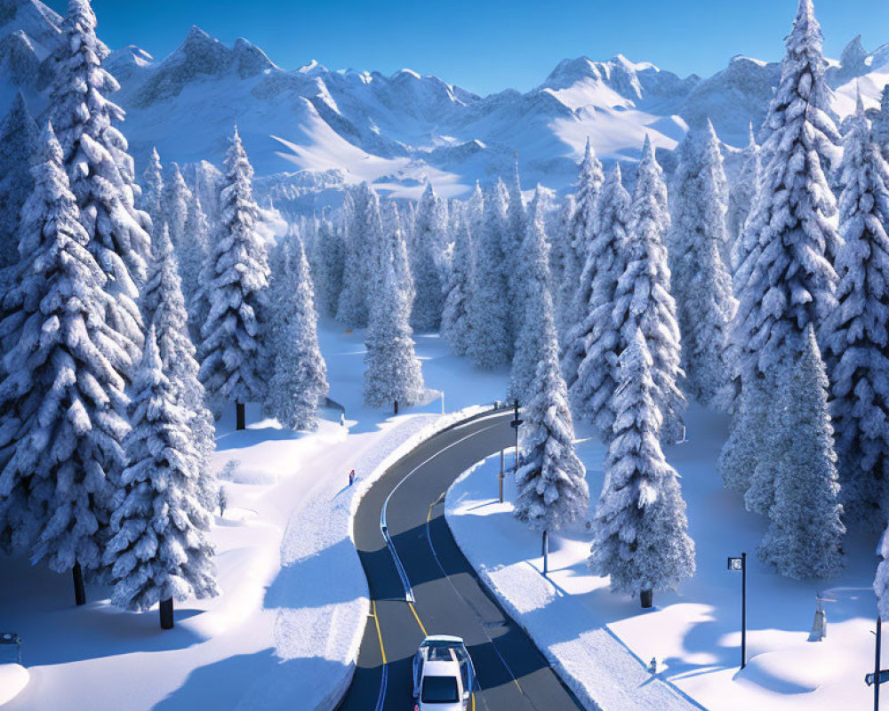 Snow-covered forest: Car driving on curving road with mountains in background