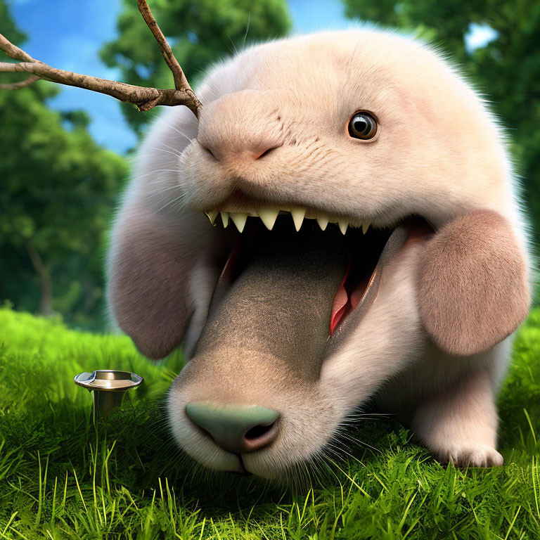 Adorable animated creature with large teeth holding a stick beside a metal bowl on grass