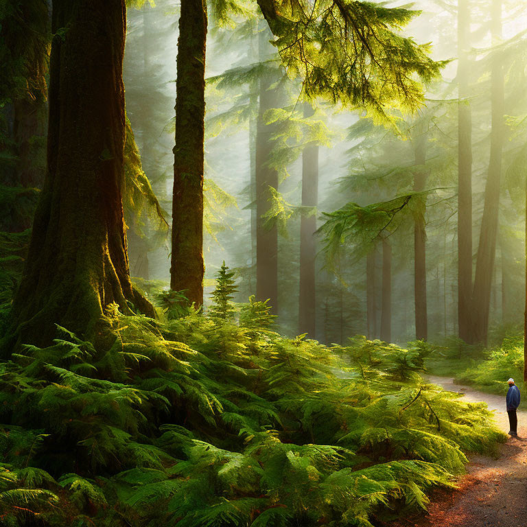 Person walking in sunlit, misty forest with towering trees and lush green ferns