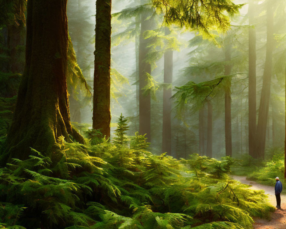 Person walking in sunlit, misty forest with towering trees and lush green ferns