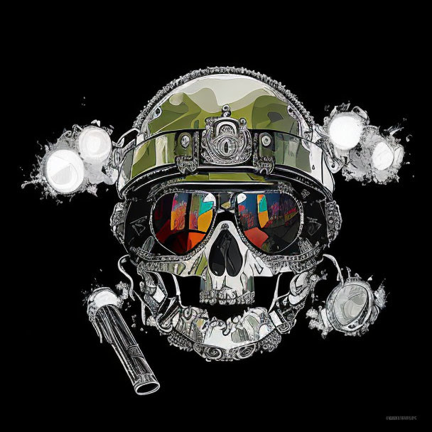 Skull in Military Helmet with Military Objects on Black Background