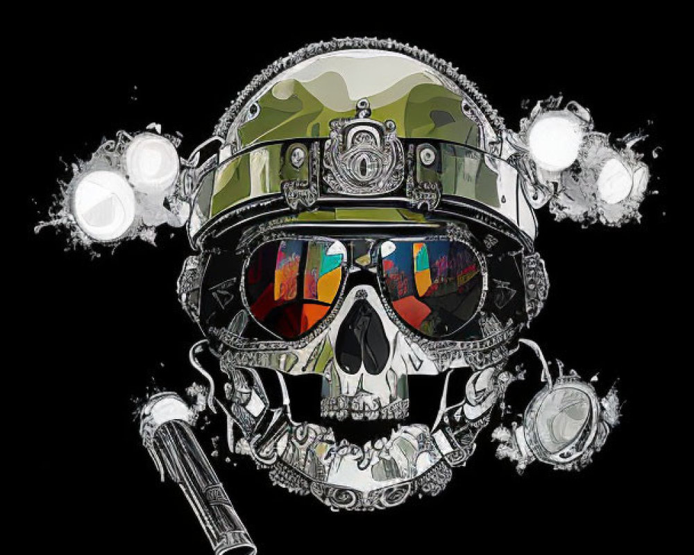 Skull in Military Helmet with Military Objects on Black Background