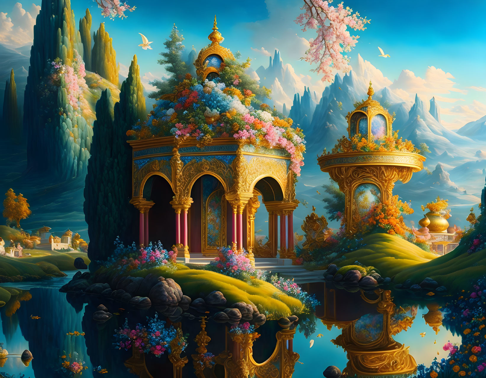 Fantastical landscape with golden pavilions, serene water, lush trees, and distant mountains