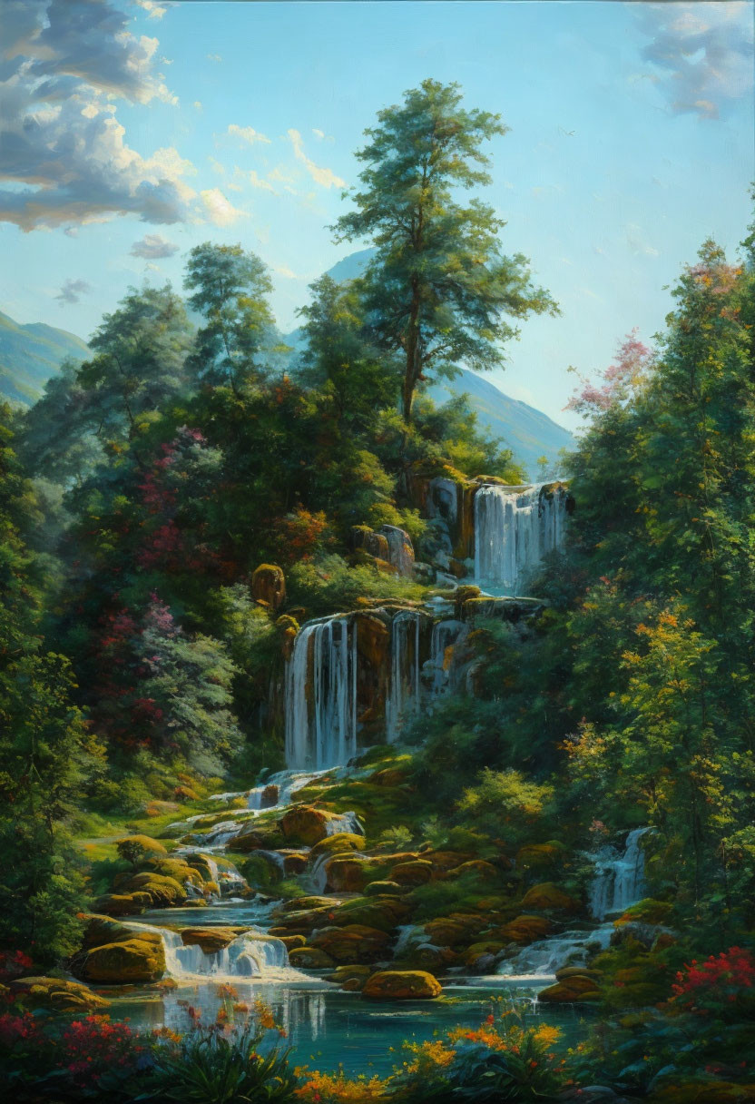 Tranquil landscape painting: lush waterfall, verdant trees, colorful flowers, moss-covered rocks