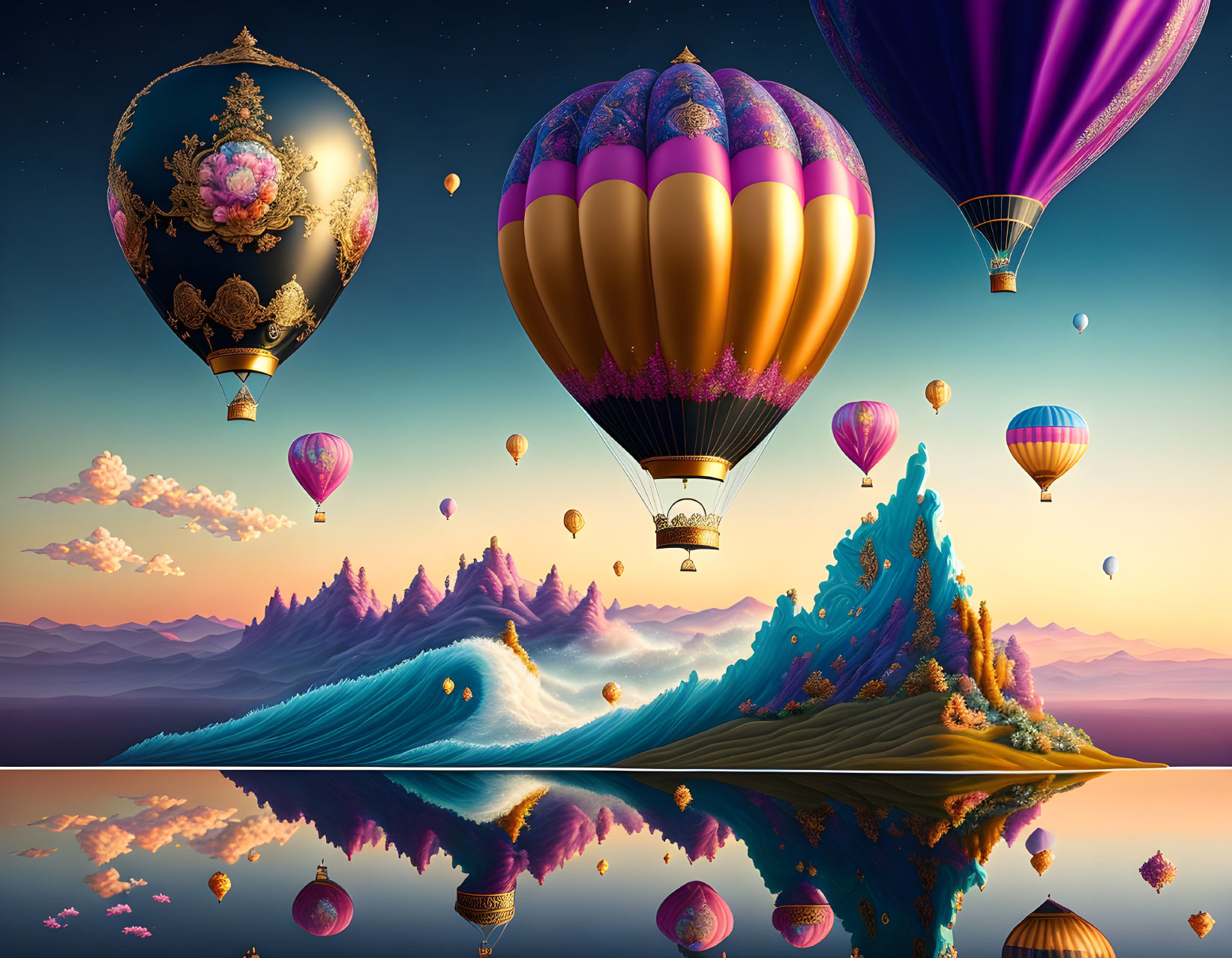 Colorful hot air balloons over surreal landscape with mountains, water, and ornaments at dusk