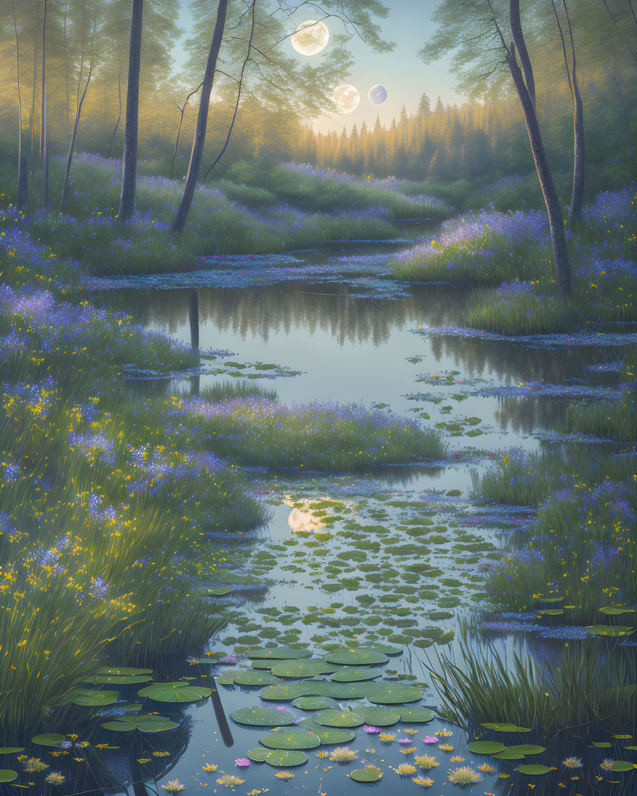 Tranquil moonlit forest stream with blooming flowers and water lilies