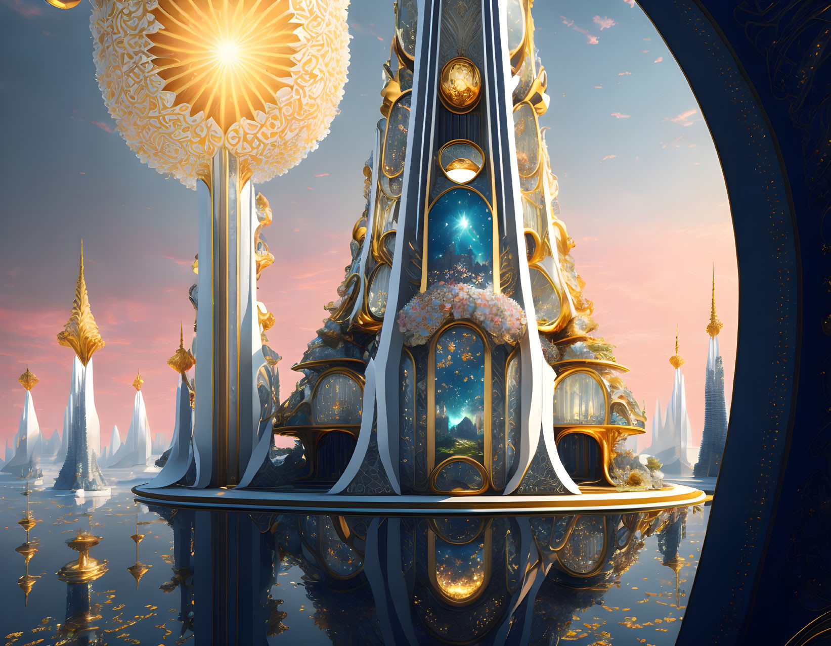 Ornate futuristic cityscape with reflective towers at sunset