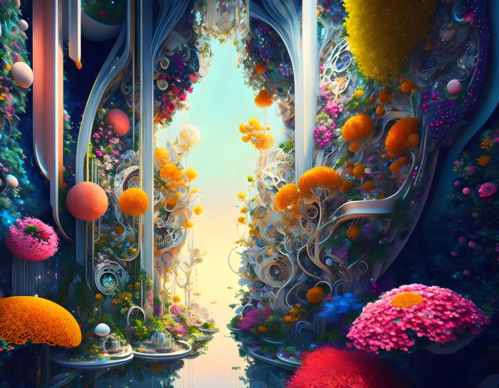 Colorful Fantasy Landscape with Floral and Metallic Shapes