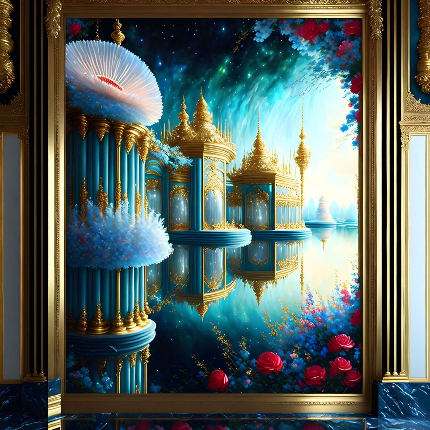 Digital art: Golden structures with pillars under starry sky reflected in water with vibrant flowers