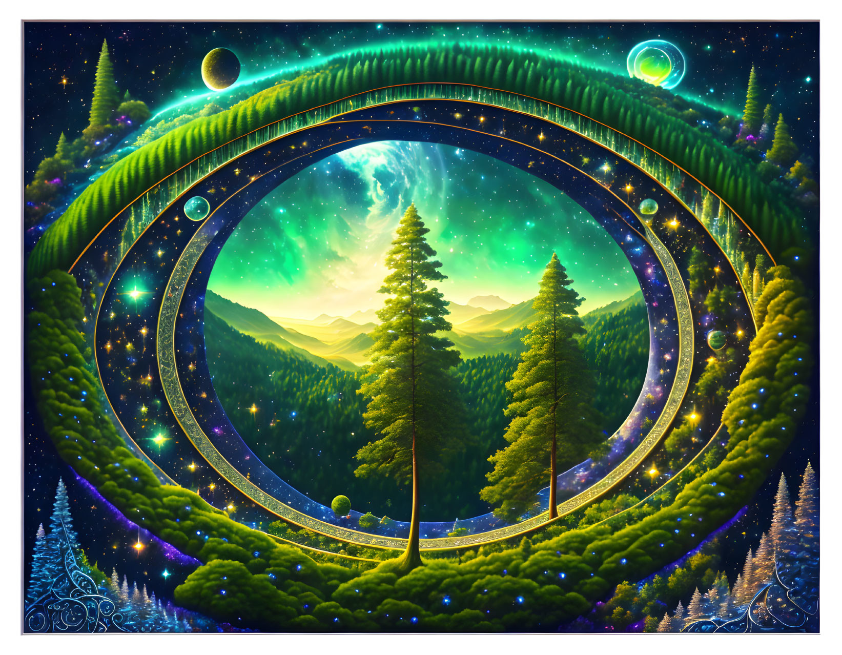 Fantasy Landscape with Cosmic Gateways and Enchanted Forest