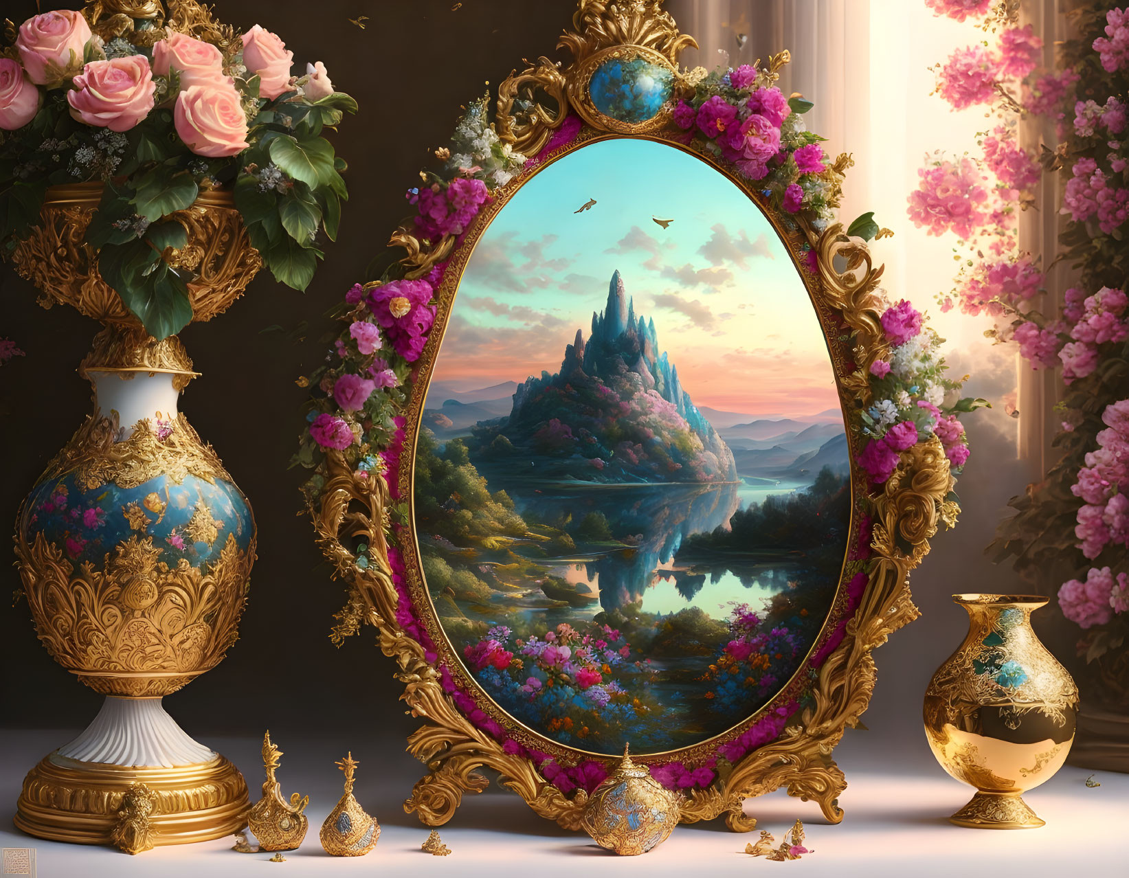 Golden mirror reflecting fantasy landscape with castle, vases, flowers, and decor on table against sunset backdrop