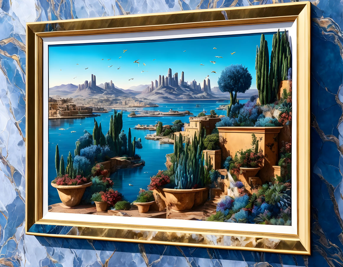 Serene landscape painting with waterfront city, lush greenery, flowers, and blue sky on marble wall