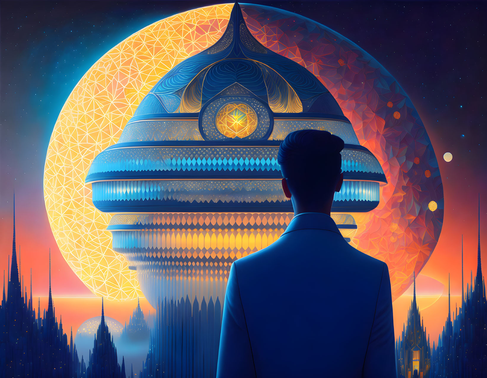 Man in suit gazes at futuristic city with ornate domes under starry sky