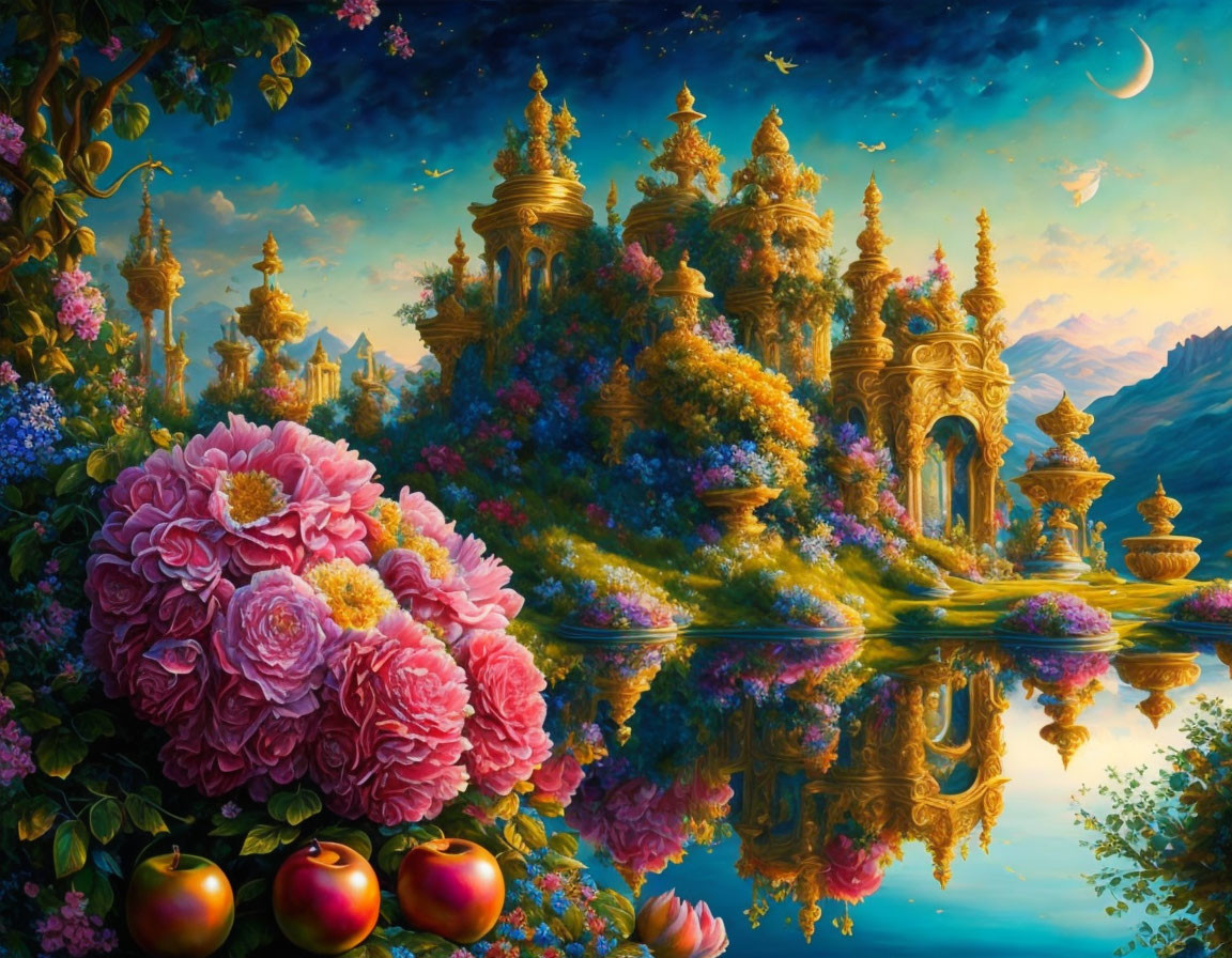 Fantasy landscape with oversized flowers, reflective lake, golden palaces, lush greenery, and star