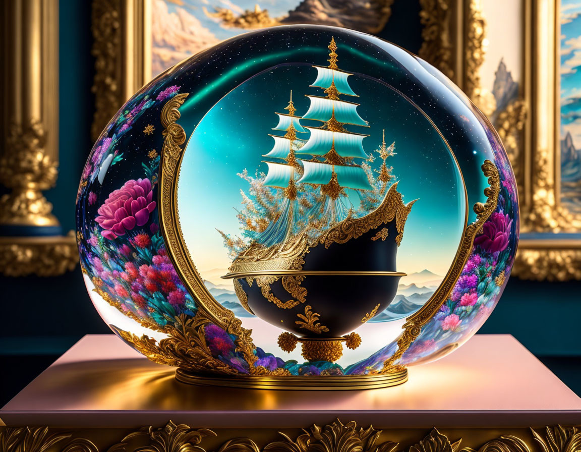 Ornate 3D-rendered ship in transparent sphere surrounded by flowers