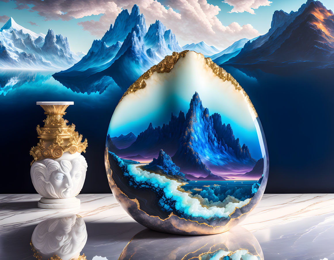 Surreal image of marble pillar, vase, and glossy stone fantasy landscape