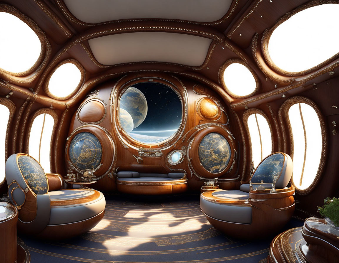 Retro-futuristic spaceship interior with circular windows and Earth view.