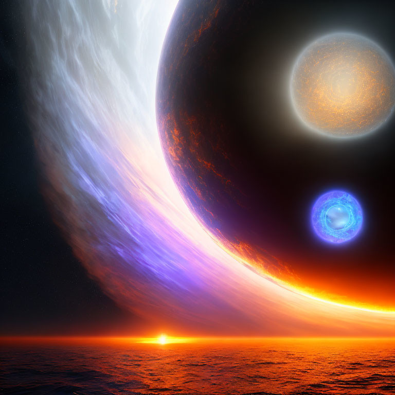 Vibrant cosmic scene with sun, galaxy, and fiery exoplanet surface