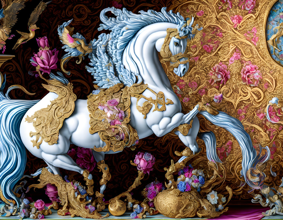 Detailed digital artwork of majestic white horse with gold embellishments, vibrant flowers, and baroque patterns