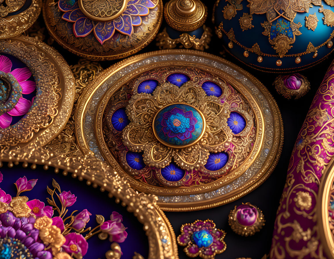 Golden plates with intricate patterns and blue gem accents on dark background