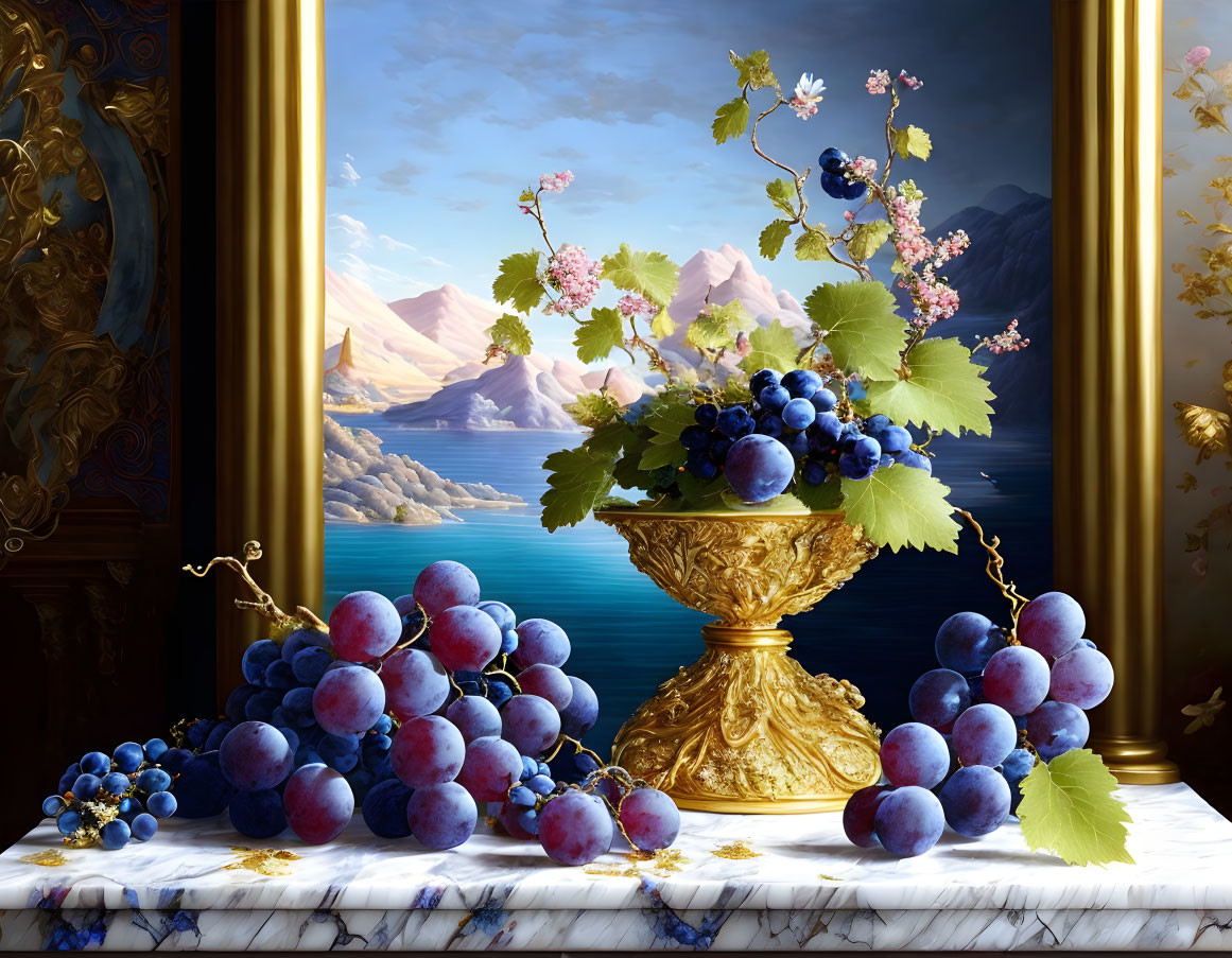 Ripe purple grapes in golden bowl on marble with lakeside mountain landscape