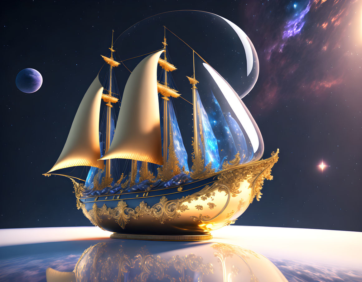 Golden ornate ship sailing through space with cosmic bodies in background