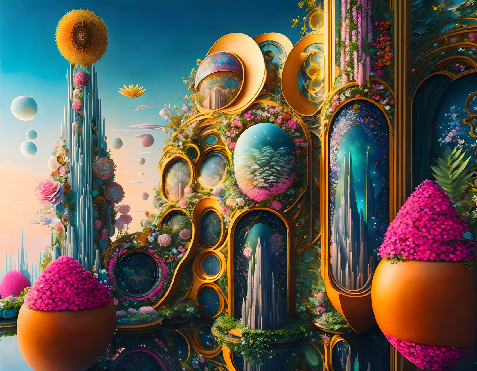 Colorful surreal landscape with whimsical structures and floating orbs.