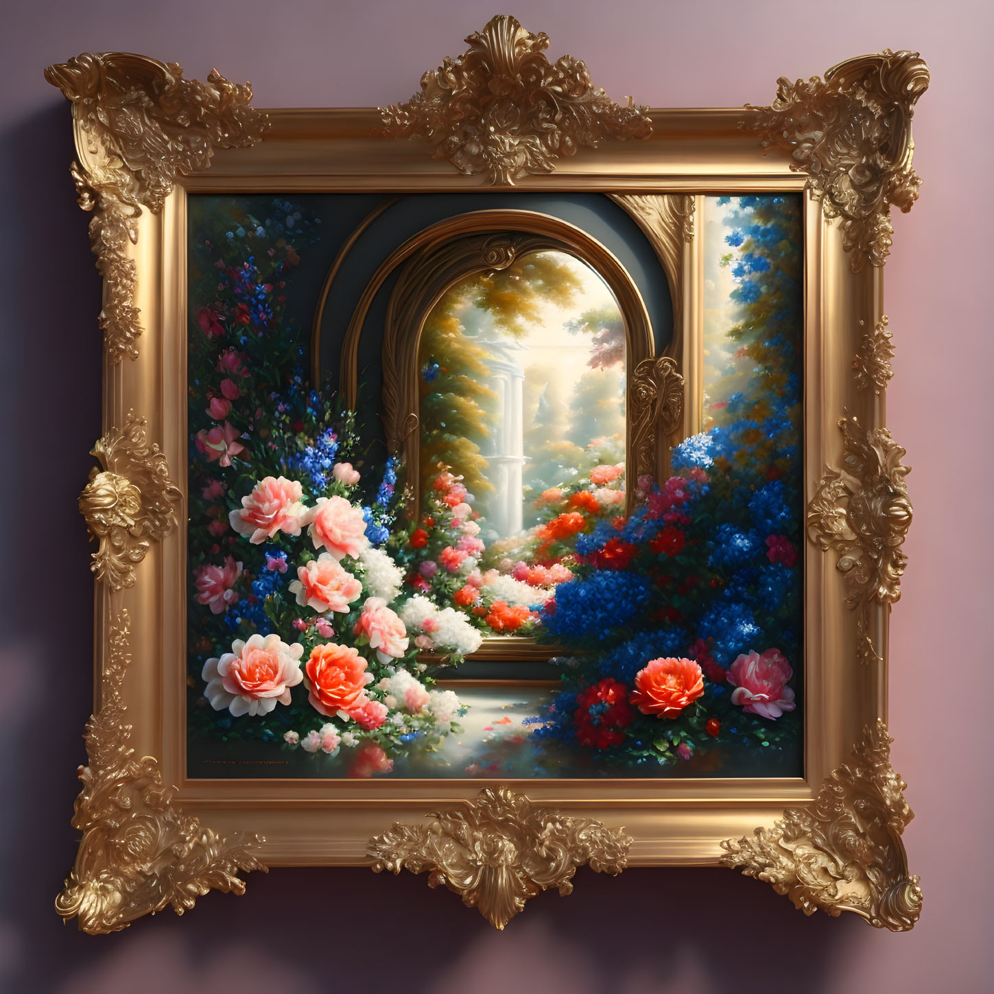 Golden Frame with Vibrant Window Painting and Flowers