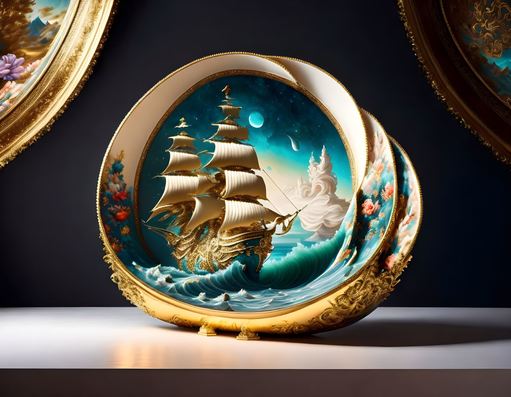 Golden ship on turquoise waves: ornate 3D decorative plate