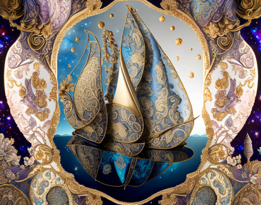 Golden ornate sailboat in cosmic background with celestial and patterned elements