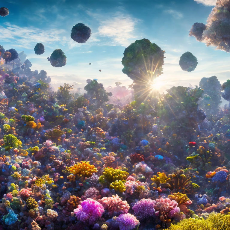 Vibrant coral-like structures in fantastical landscape