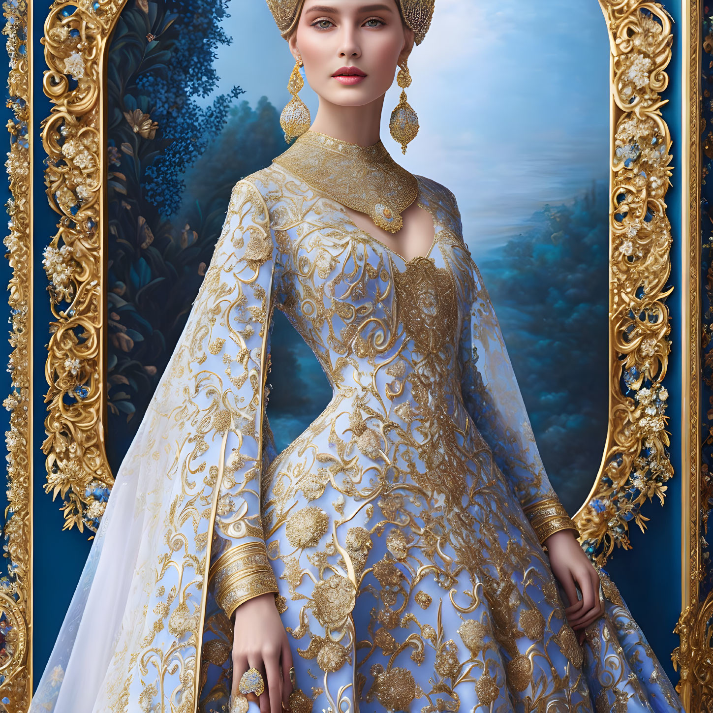 Regal woman in white-and-gold gown between gilded mirrors reflects idyllic landscape