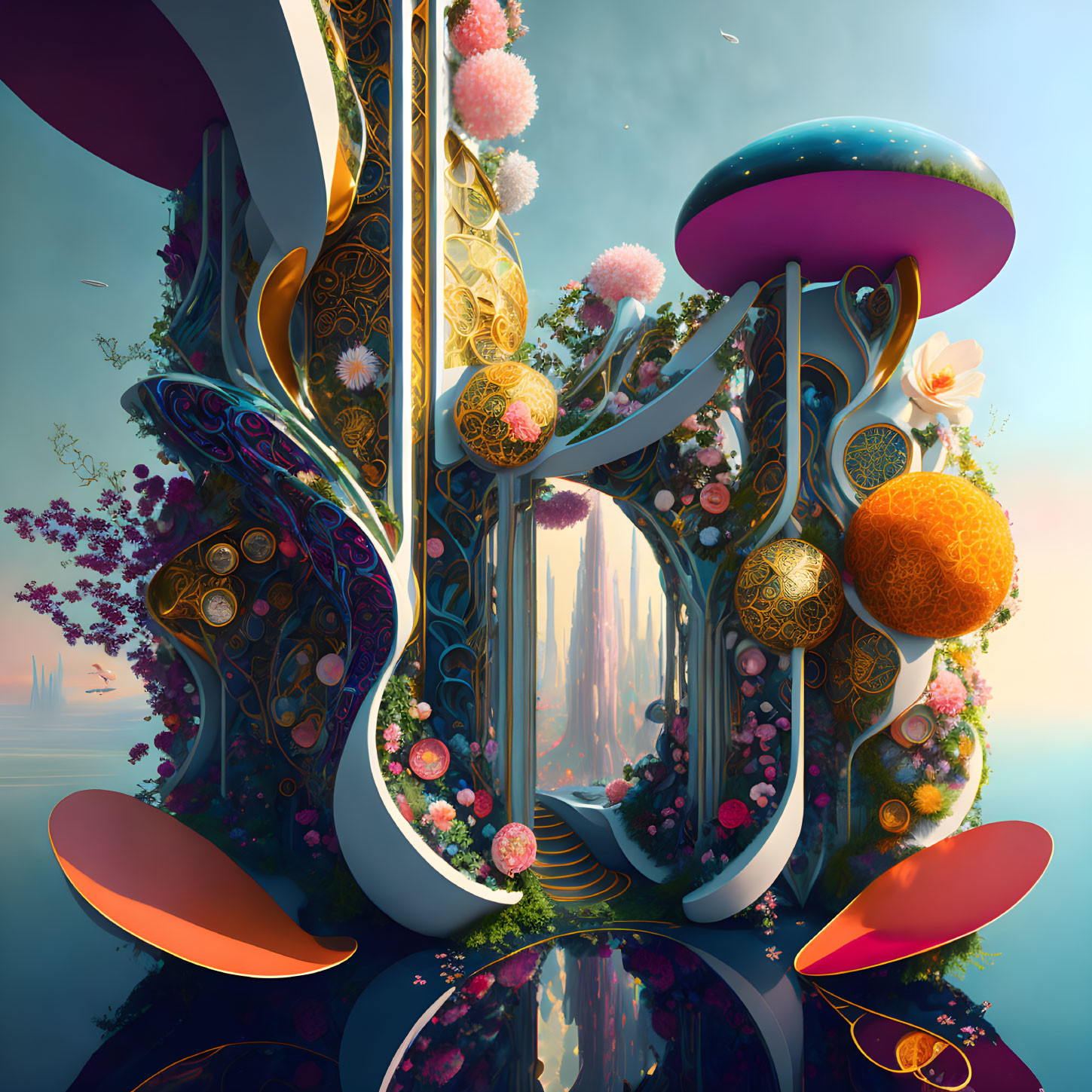 Vibrant digital artwork of surreal abstract garden with ornate structures and floating jellyfish-like elements