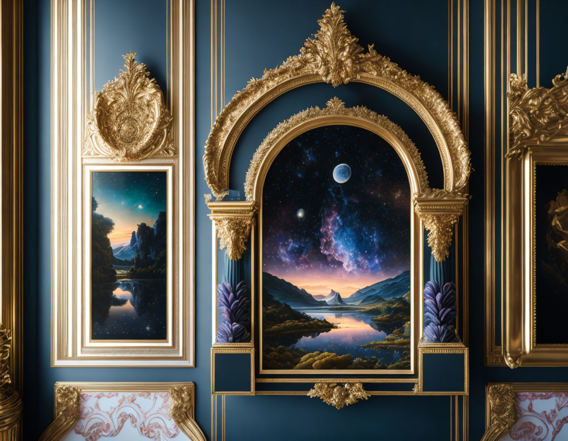 Golden Frames Display Nocturnal Landscape Paintings on Dark Blue Wall