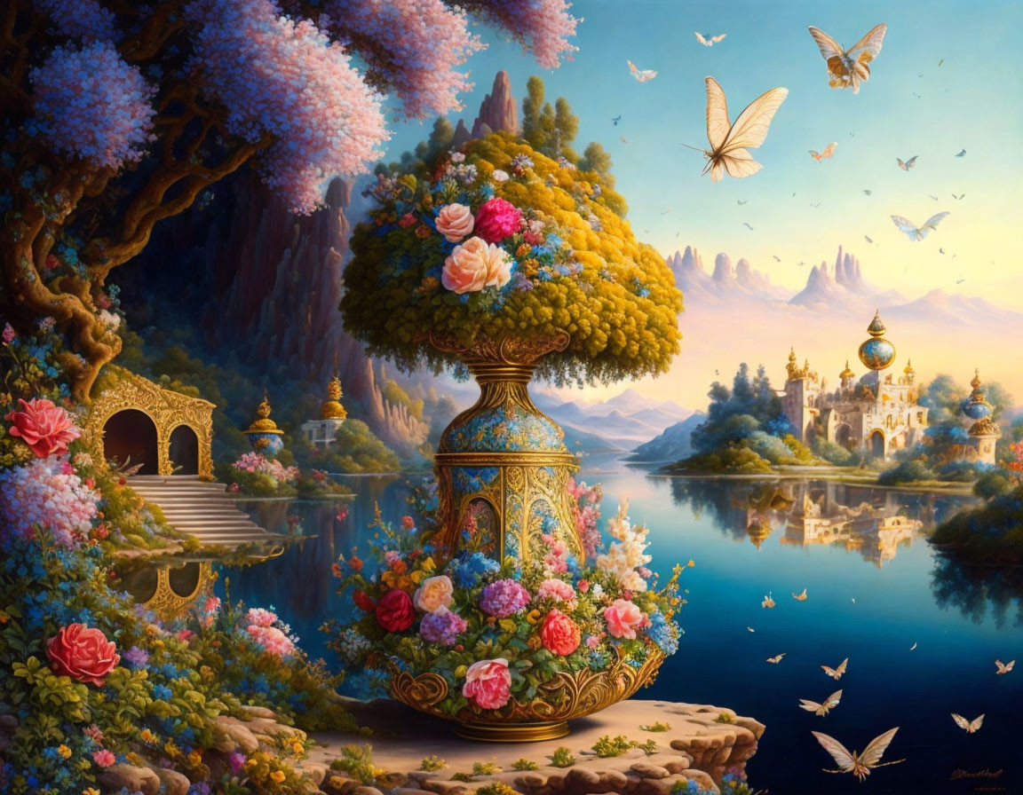 Colorful landscape with vase, tree, butterflies, castle, mountains, and lake