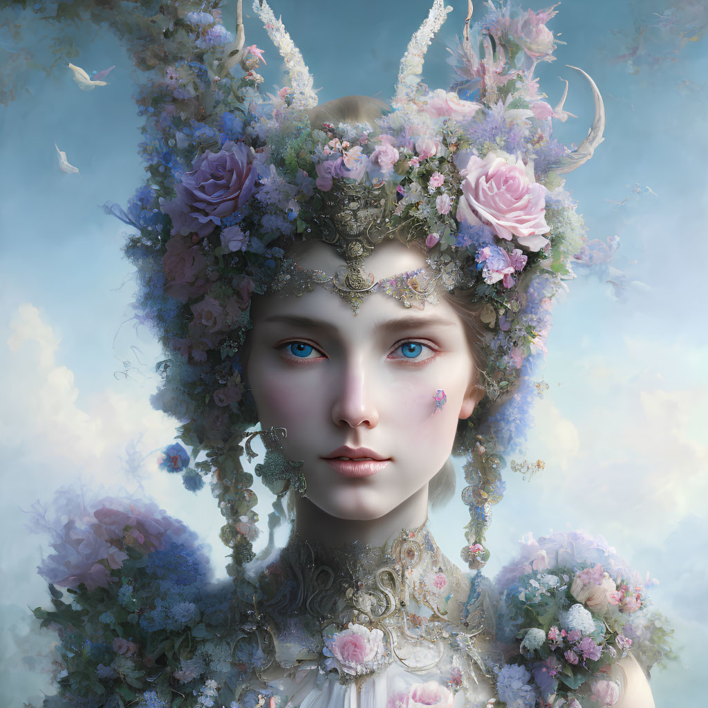 Portrait of a woman with floral headpiece and intricate jewelry against soft cloudy backdrop