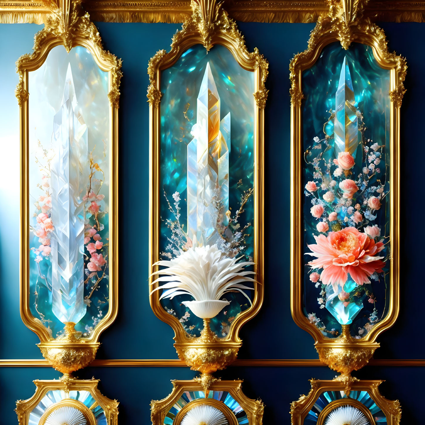 Ornate Golden Frames with Crystal and Flower Art on Blue Background