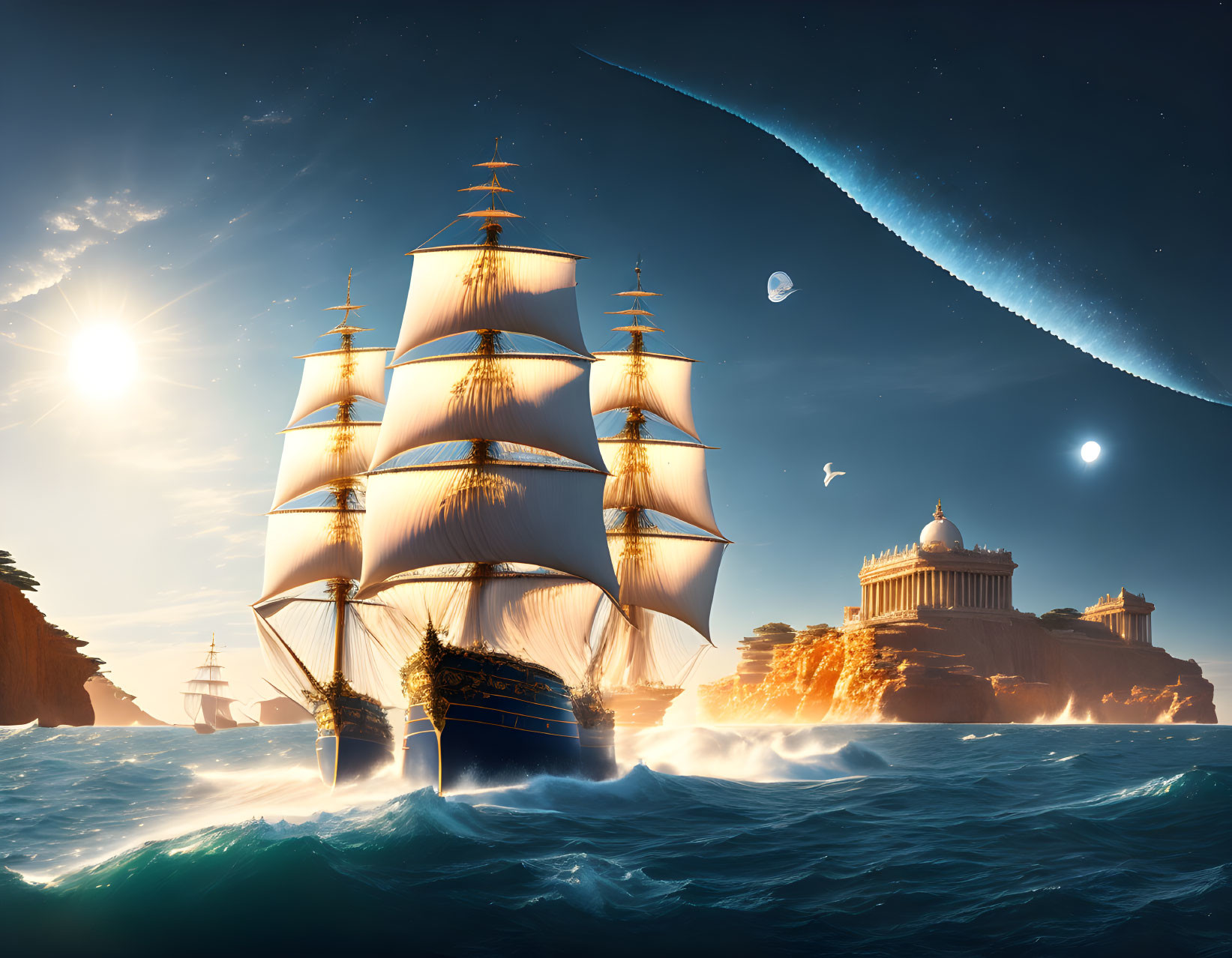 Majestic tall ship on rough seas at sunset with comet and classical buildings