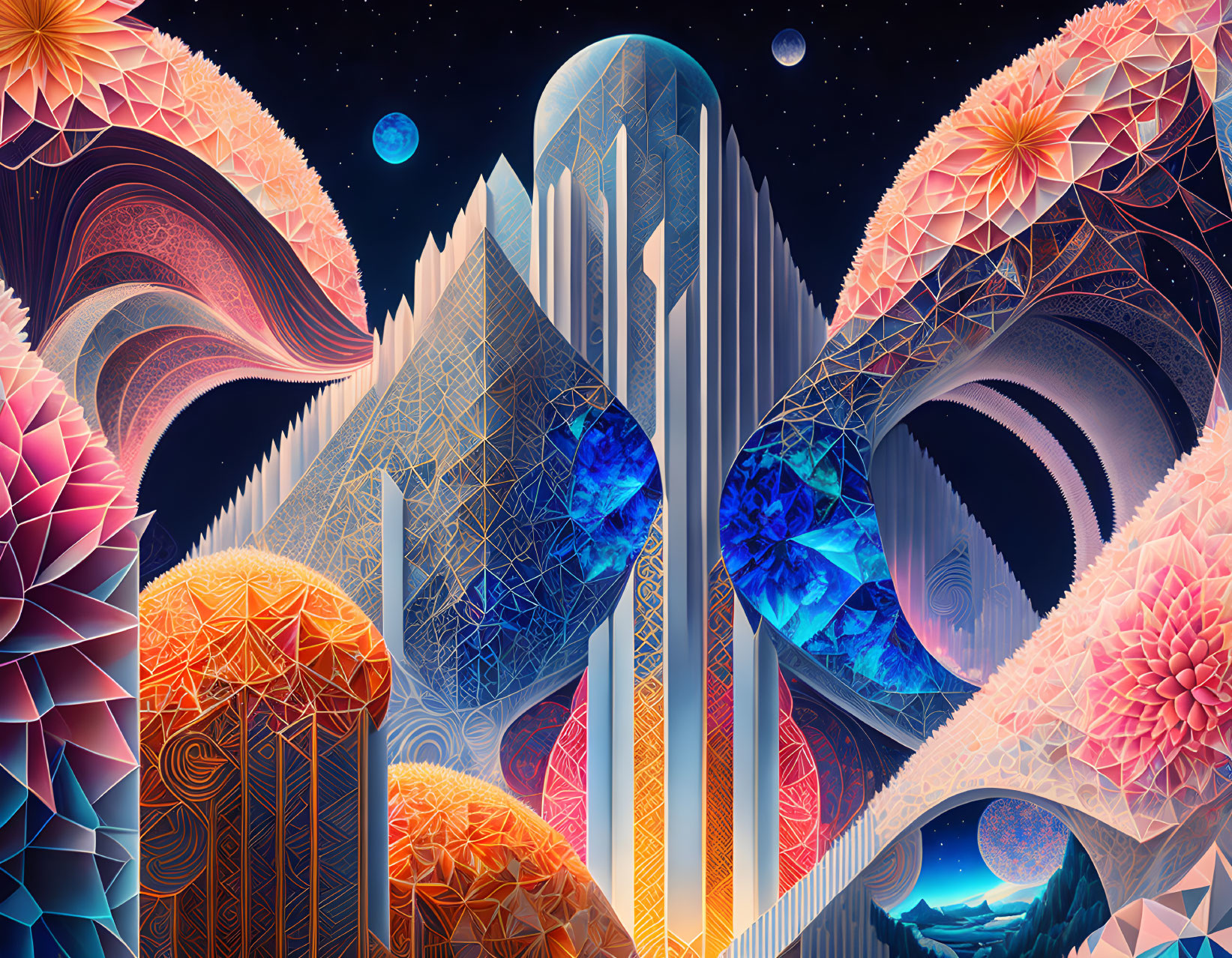 Futuristic digital art: geometric structures in cosmic setting