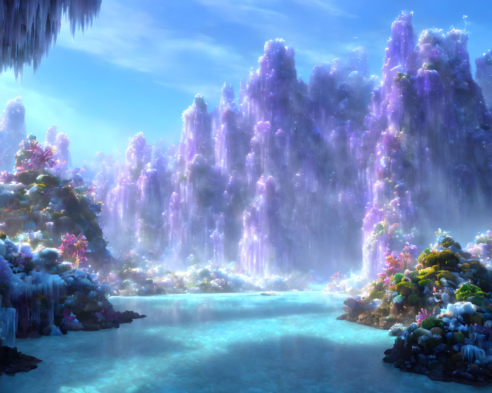 Fantasy Landscape with Purple Crystals, Blue Water, and Vibrant Flora