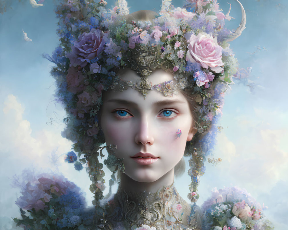 Portrait of a woman with floral headpiece and intricate jewelry against soft cloudy backdrop