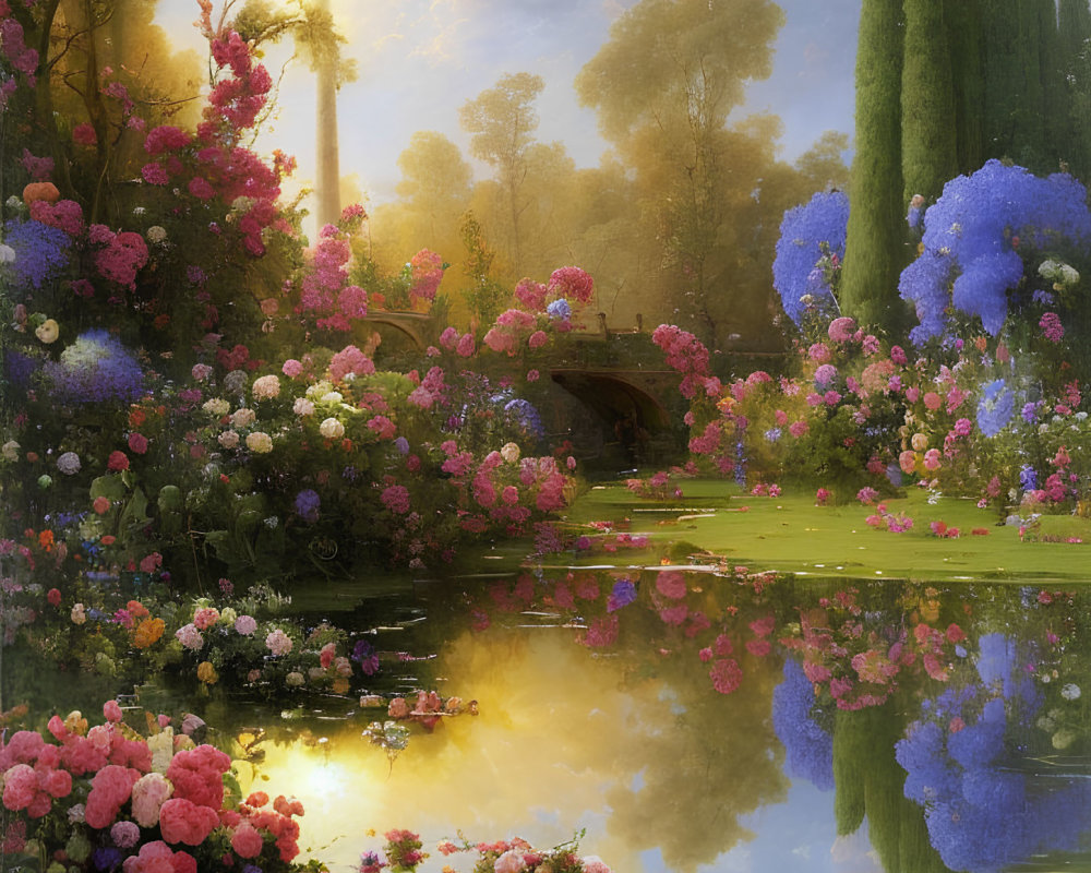 Serene garden scene with vibrant flowers, stone bridge, calm pond, and misty trees.