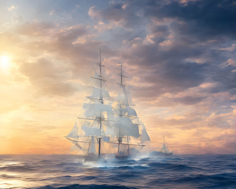 Tall ship sailing on turbulent ocean under dramatic sunset sky