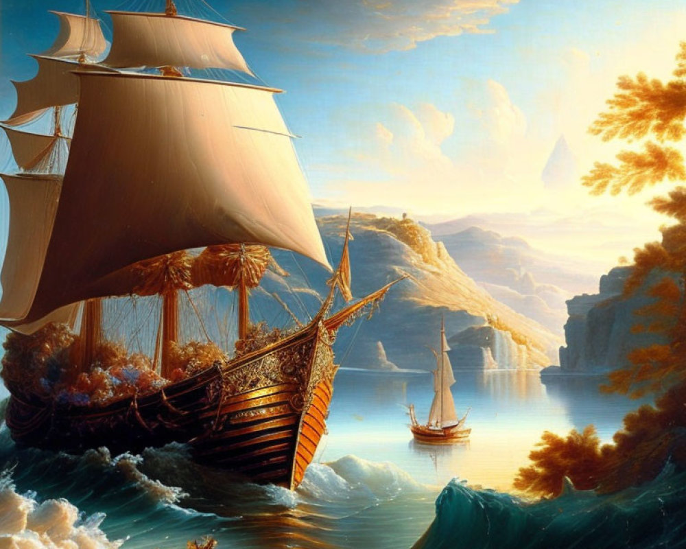 Sailing ship with billowing sails near rocky coastline