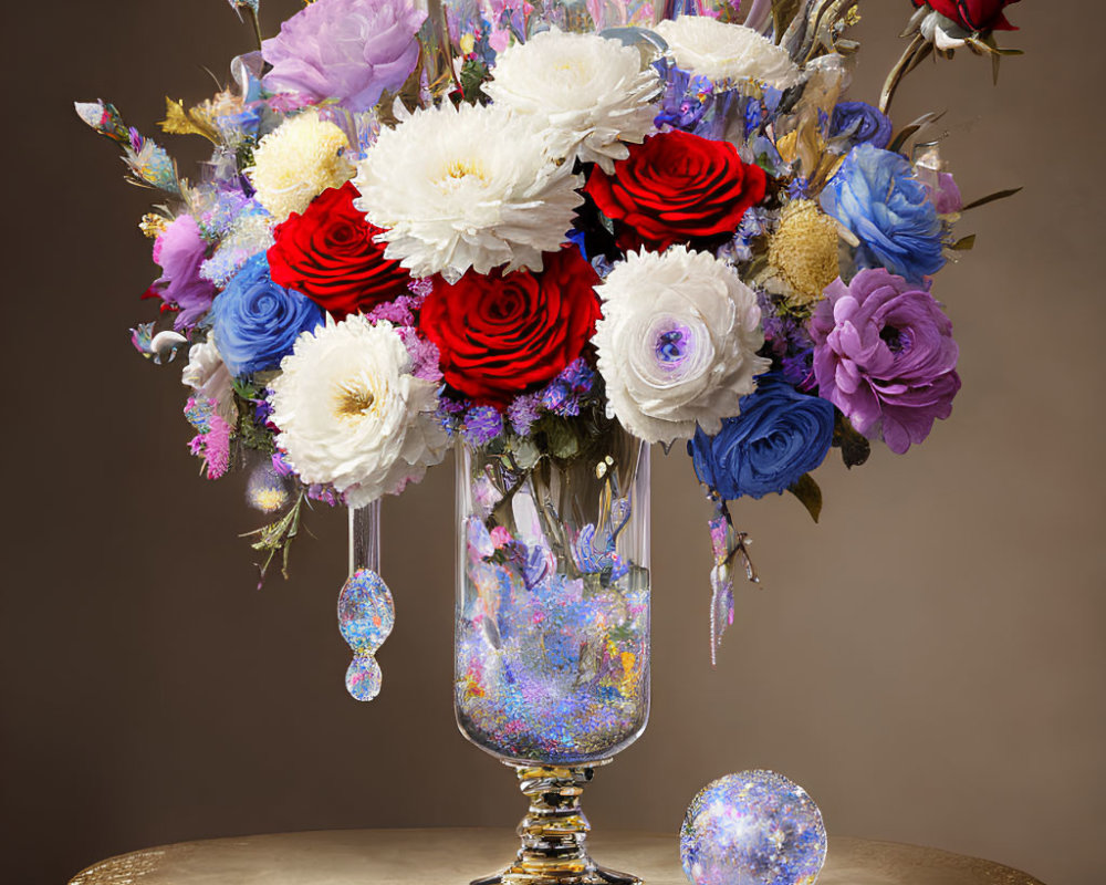 Colorful Flower Bouquet in Glass Vase on Golden Table with Glass Orb