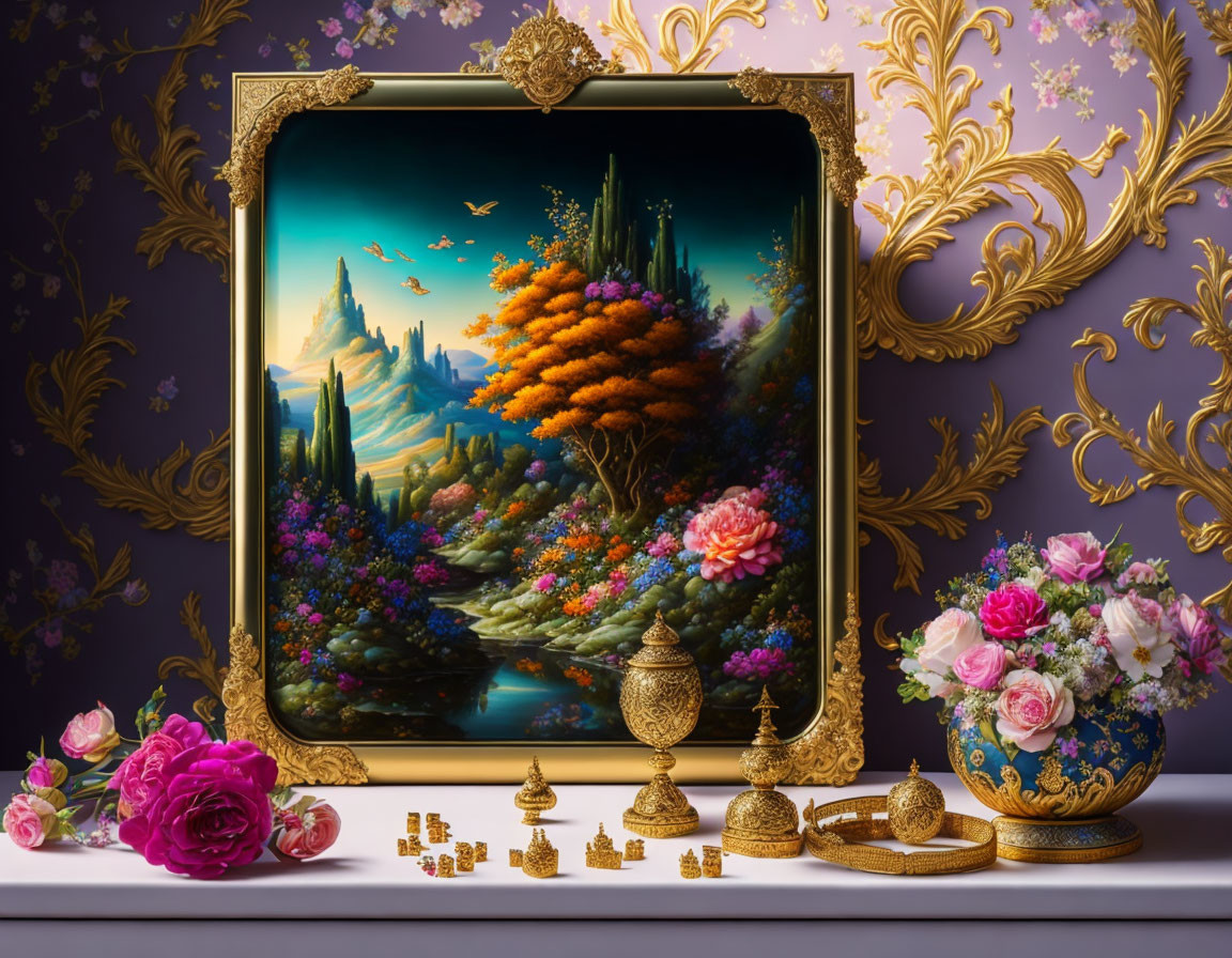 Golden-framed fantasy painting with luxurious ornaments and fresh roses