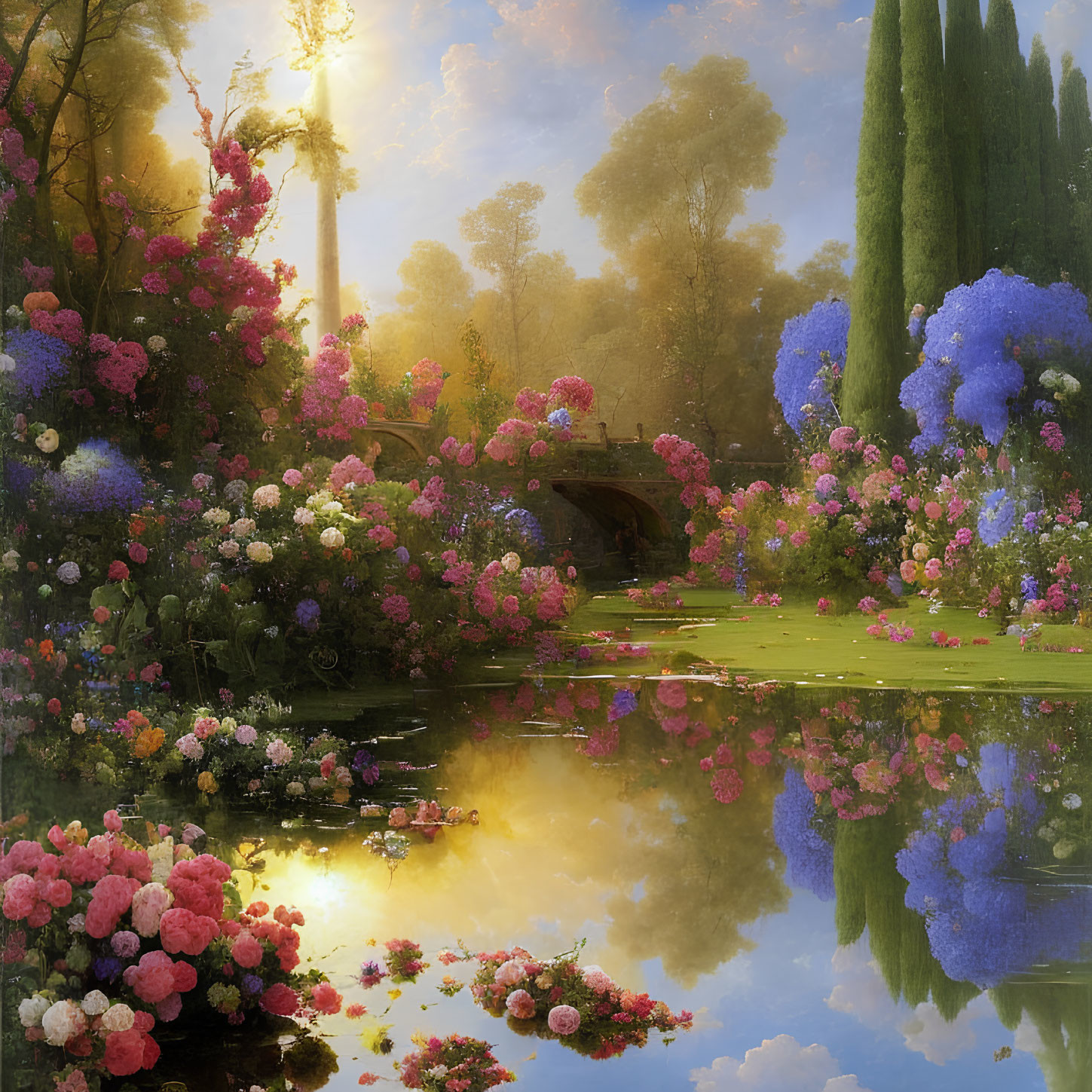 Serene garden scene with vibrant flowers, stone bridge, calm pond, and misty trees.